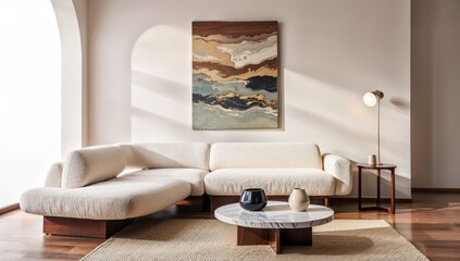 Generative AI, Minimalist living room with sculptural boucle sofa and contemporary abstract art