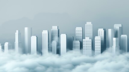 Naklejka premium A breathtaking view of a modern city shrouded in morning fog, creating a mystical and serene atmosphere.