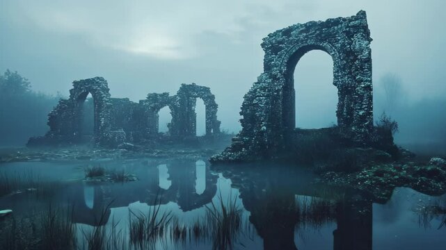 Misty Ruins Reflection: A haunting landscape photography showcasing ancient stone ruins reflected in a still, misty body of water, evocative of mystery and forgotten history.