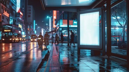Obraz premium Depict a nighttime urban scene centered around a sleek bus stop The main feature is a brightly lit