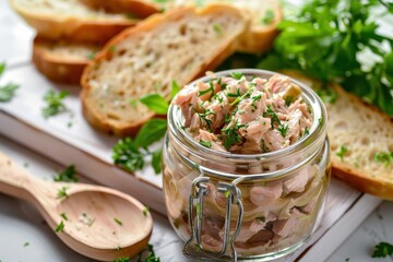 Close up of white board with tuna pate or rillettes on baguette glass jar of fish rillettes