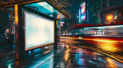 Depict a nighttime urban scene featuring a sleek bus stop The primary focus is a brightly lit