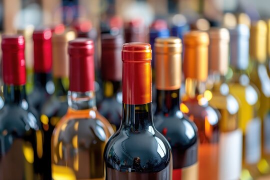 Close up of wine bottles in cellar