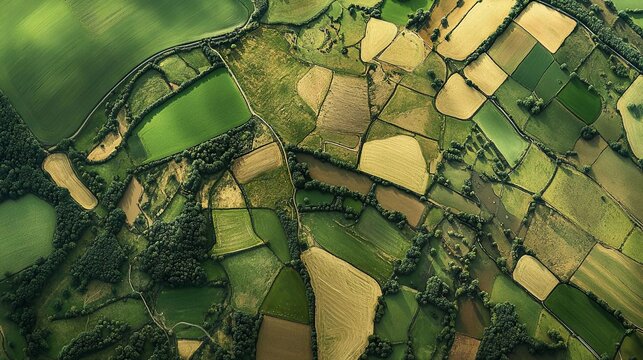 An aerial view of fields with lots of farmland, woods, and open grasslands.
