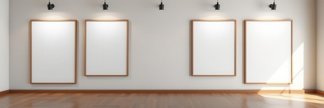 A collection of modern gallery frames hanging on a white wall with customizable mockups, blank frames, art