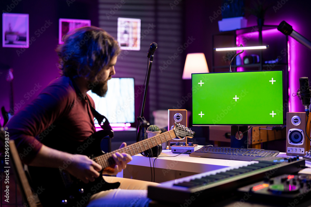 Leinwandbilder artist playing acoustic guitar and following tutorials online on computer that shows greenscreen dis