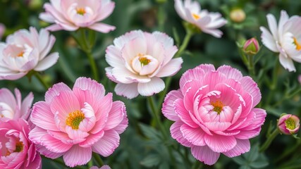 Close-up shot of vibrant pink and white ranunculus flowers in full bloom, nature, botanical