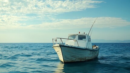 Fototapeta premium Solitary Fishing Boat on a Calm Sea Under a Cloudy Sky