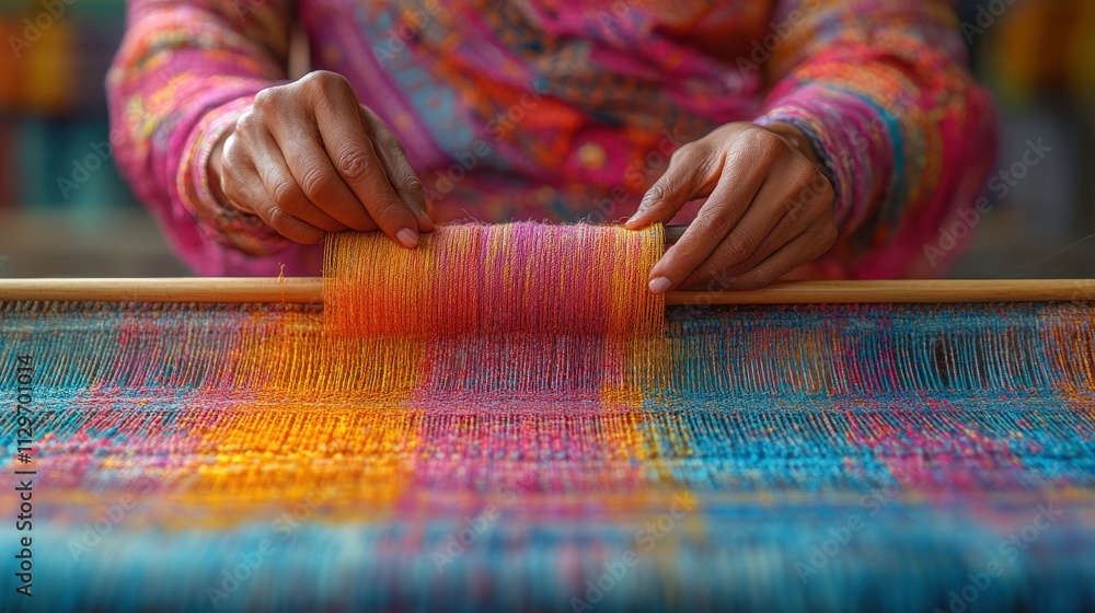 Poster vibrant hand weaving process capturing colors and textures with skilled artisan creating beautiful t
