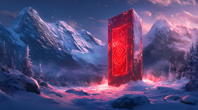 Frost-bound monolith with glowing red engravings in a snowy mountain landscape. wondrous crystal maze. illustration. Monolith. Illustration