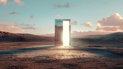 a 4K photograph of a futuristic glass door in a barren desert slightly open with a bright
