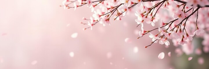 Pink sakura petals gently falling in the background creating a dreamy and serene atmosphere, tranquil, pastel, atmosphere