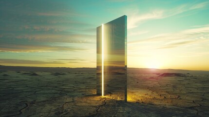 a 4K photograph of a futuristic glass door in a desolate desert slightly open with a bright