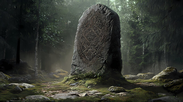 Intricate viking rune stone monolith with scandinavian motifs and mythical carvings in forested glen setting. viking rune stones. illustration. Monolith. Illustration