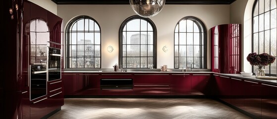 Modern Red Kitchen With Arch Windows City View