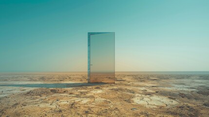 a 4K photograph of a futuristic sleek glass door in the middle of a vast