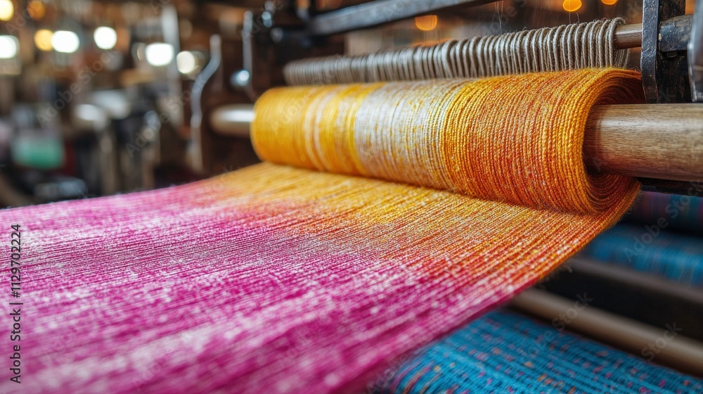 Poster vibrant rolls of woven fabric in a textile workshop showcasing the art of weaving with multicolored 