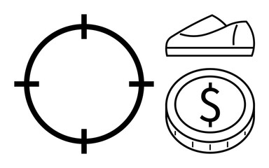 Target symbol, coin with dollar sign, and shoe outline. Ideal for financial planning, business strategy, budgeting, goal setting, marketing, economics, and success visualization. Line metaphor