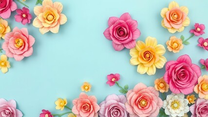 Vibrant backdrop featuring a variety of colorful paper roses, creative, craft