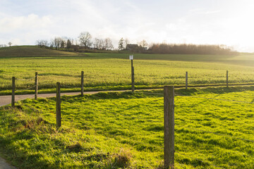 Fototapeta premium Panoramic landscape photo of German countryside in North Rhine Westphalia. Hills, forests and fields of Sauerland
