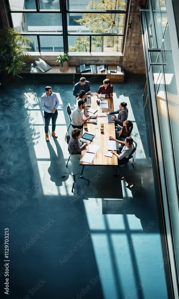 Aufkleber collaboration in a modern office setting with a team discussing project details