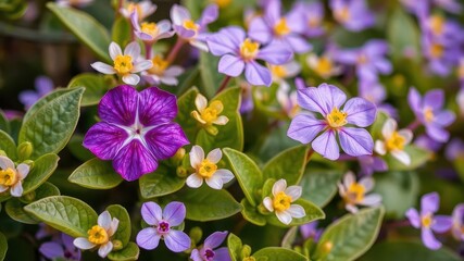 Vibrant purple flower petals and green leaves in a close-up shot, outdoors, vibrant