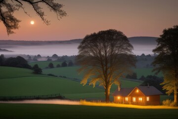 Moonlit Serenity: Cozy Cottage in a Misty Valley