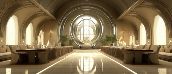 Obraz premium Elegant Dining Hall with Archways and Oval Window