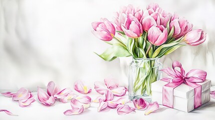 Obraz premium Elegant bouquet of pink tulips in a glass vase with scattered petals, accompanied by a small white gift box tied with a pink bow, painted in a realistic watercolor style on a white background 