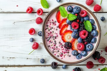 Coconut milk and berry smoothie bowl with superfood ingredients for a healthy breakfast concept top view on white wooden table rustic style