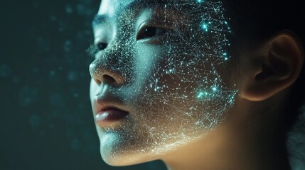 A close-up of a woman's head with a transparent digital overlay, showing a network of data points and circuits, symbolizing the fusion of human and AI intelligence, artificial intelligence concept