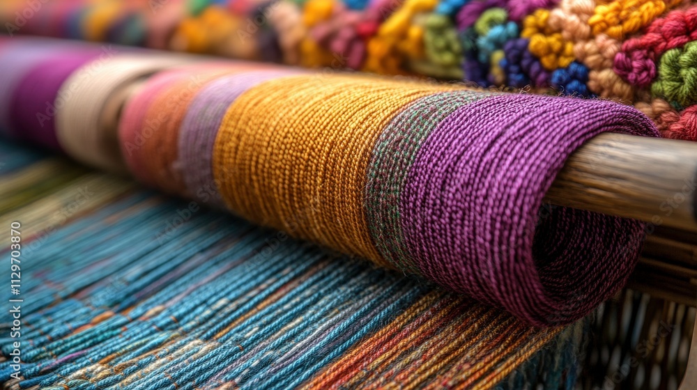 Poster vibrant textiles showcase: close-up view of colorful threads and fiber patterns on a traditional loo