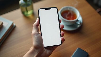 A person holding a smartphone with a blank white screen, next to a steaming cup of tea on a wooden table.