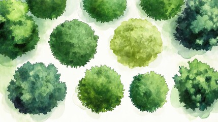 Watercolor illustration shows top view of green trees, bushes. Layout plan for garden design. Suitable for landscape architecture, urban planning. Design for parks, eco-friendly concepts,