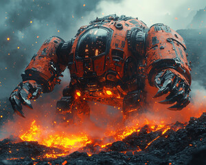 molten titan, a heavy-duty orange mech suit emerges from volcanic terrain under a stormy sky