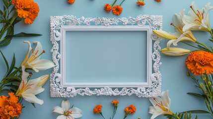 A blank white picture frame with a lace border in the center surrounded by marigolds and lilies
