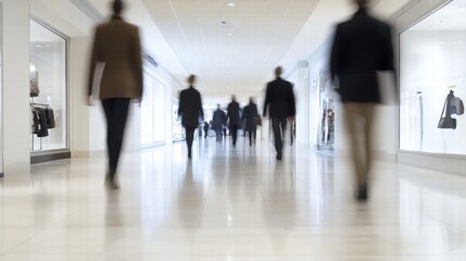 Blurred Motion of People Walking in Modern Shopping Mall Corridor