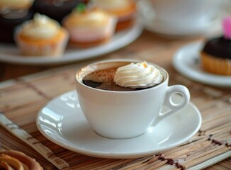 Coffee cup on table with saucer of cakes