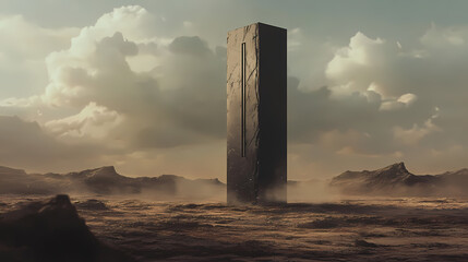 An alien monolith standing silent on a barren landscape. alien ruins. illustration. Monolith. Illustration