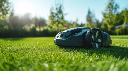Robotic lawnmower cutting grass in a lush green garden during a sunny day.