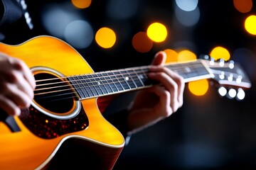 Musician playing acoustic guitar on stage with bokeh lights