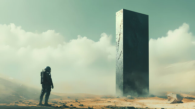 Astronaut encountering an alien monument. Monolith. Illustration