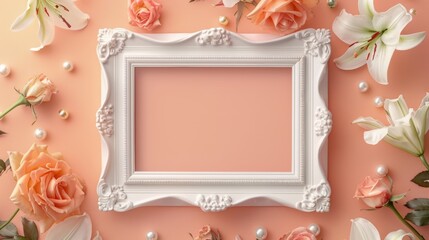 A blank white picture frame with a pearl floral border centered encircled by lilies and marigolds