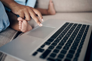 Woman, hands and baby with laptop in home, typing and online search for streaming entertainment....