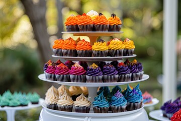 Colorful mini cupcakes on tiered display