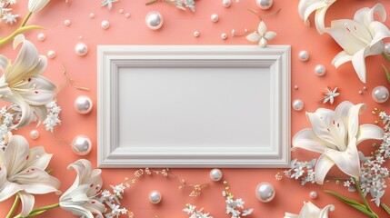 A blank white picture frame with a pearl relief border centered encircled by lilies and violets