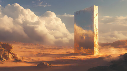 Extreme close-up desert landscape with reflective monolith and low hanging cloud. Monolith. Illustration