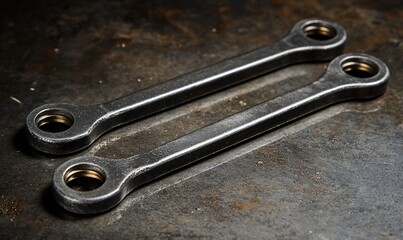 Two metal rods with threaded holes, lying on a dark metallic surface.