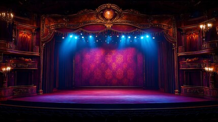 Empty stage with ornate proscenium arch, illuminated by spotlights.