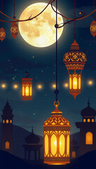 Fototapeta premium Printable pattern for wall decorations, covers, wallpapers, greeting cards on the occasion of a Muslim holiday. Ramadan . Oil painting